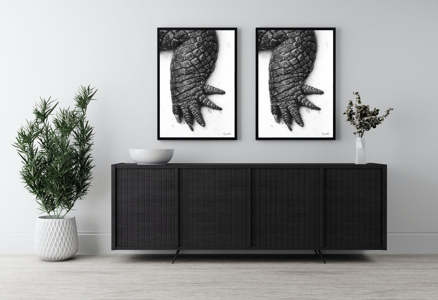 Crocodile framed fine art print in black and white